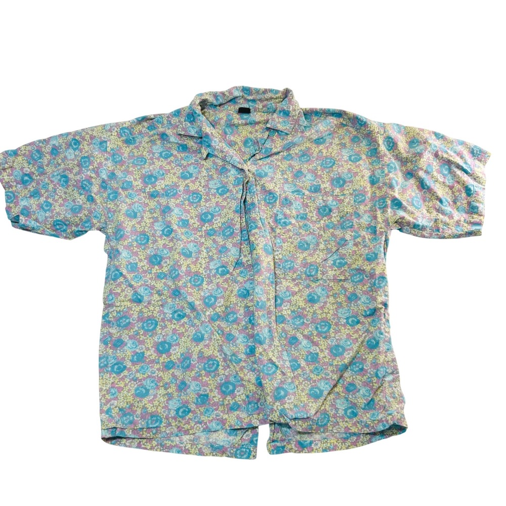 Vintage Floral Button Down Shirt Womens Small Blue Purple Cotton Camp Top‎ 2049